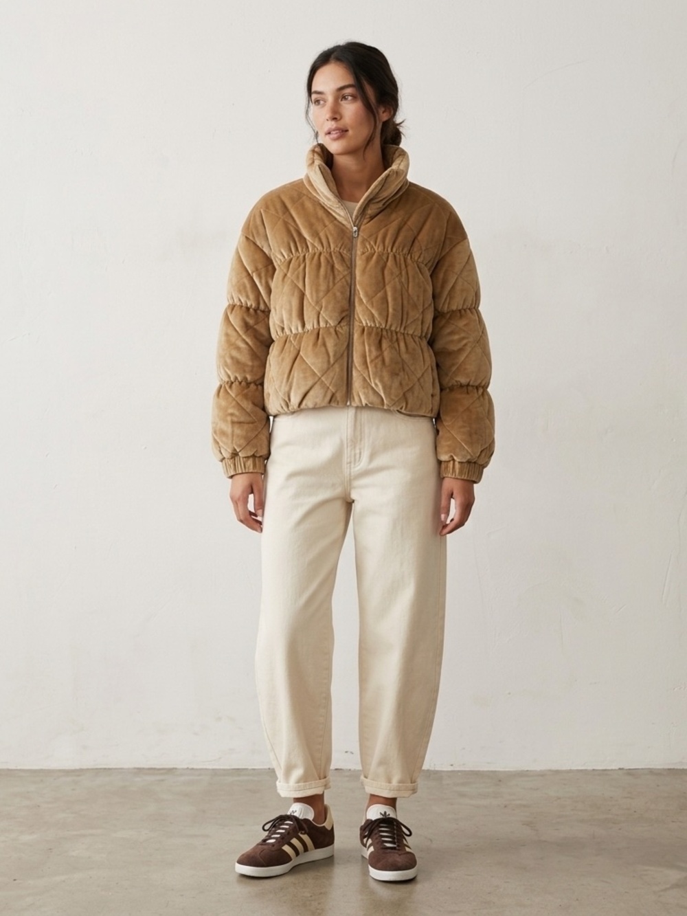 NWT Sweet Lemon Taupe Velvet Quilted Puffer Jacket Cropped Sz M Trendy Plush